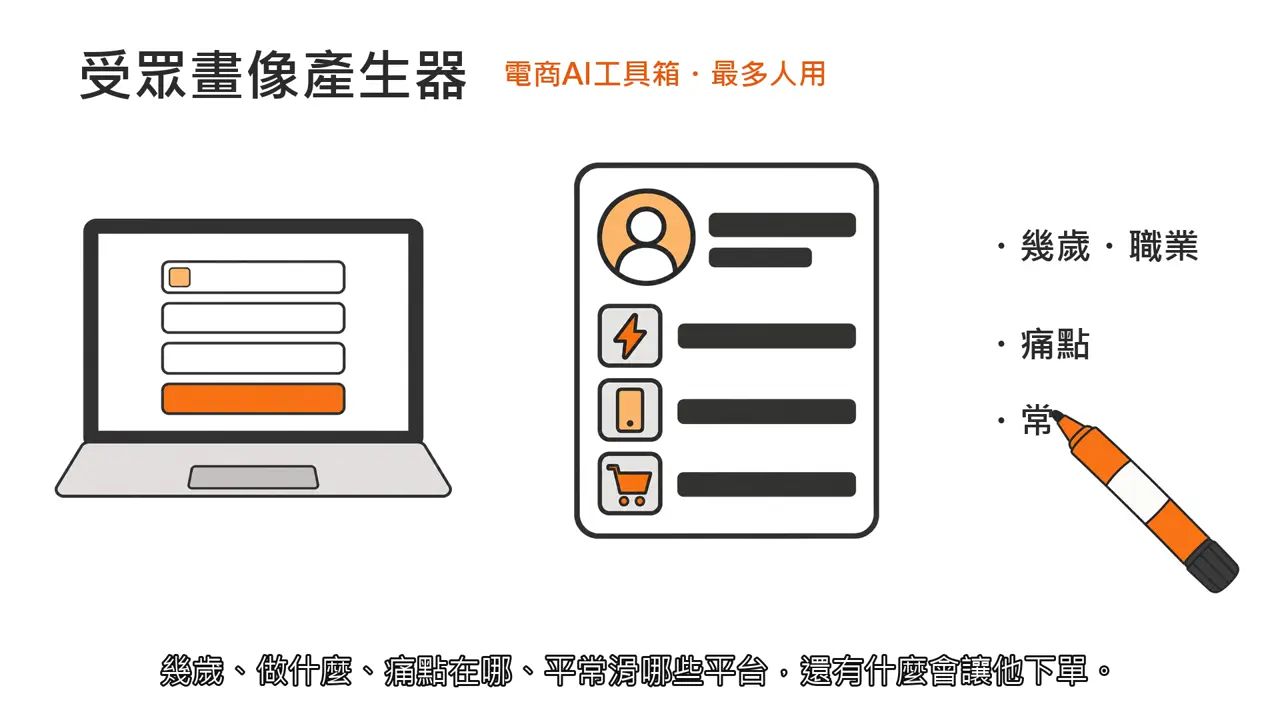 受眾畫像產生器導覽影片的畫面，手繪白板口播風格