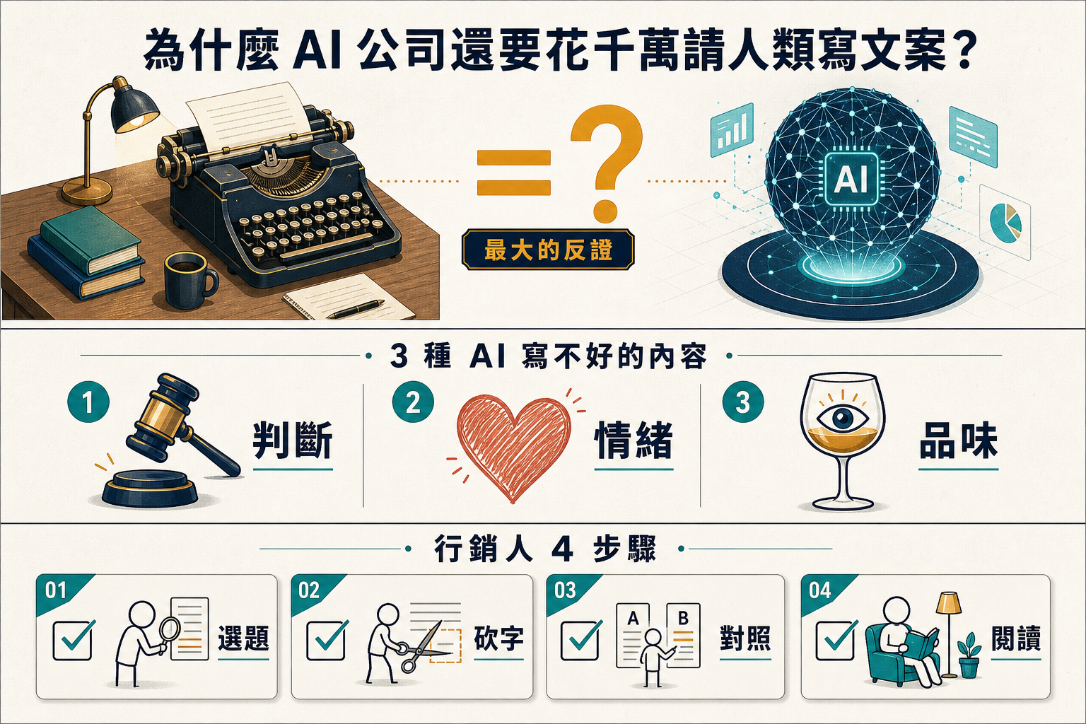 資訊圖：AI 公司 Anthropic 花千萬找人類文案的 3 個啟示 — 上欄 PARADOX (打字機 vs AI 神經網路)、中欄 3 件 AI 寫不好的事 (Judgment / Emotion / Taste)、下欄行銷人 4 步驟行動方案