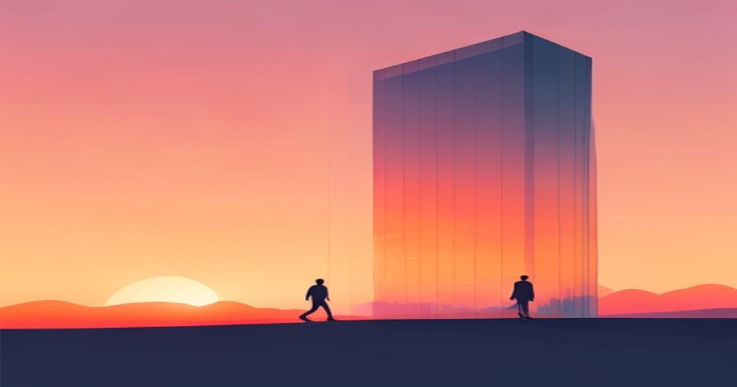 創辦人走離高樓夕陽插畫,象徵比爾蓋茲清光微軟股票後品牌的傳承