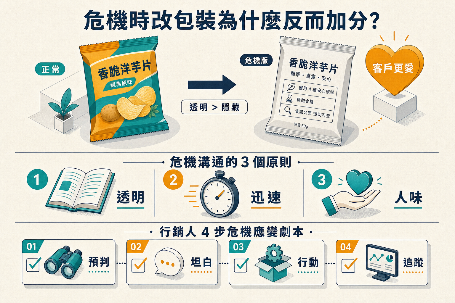 資訊圖：Calbee 黑白包裝危機溝通 — 透明 > 隱藏、危機溝通 3 原則（透明/迅速/人味）、行銷人 4 步危機應變劇本（預判/坦白/行動/追蹤）