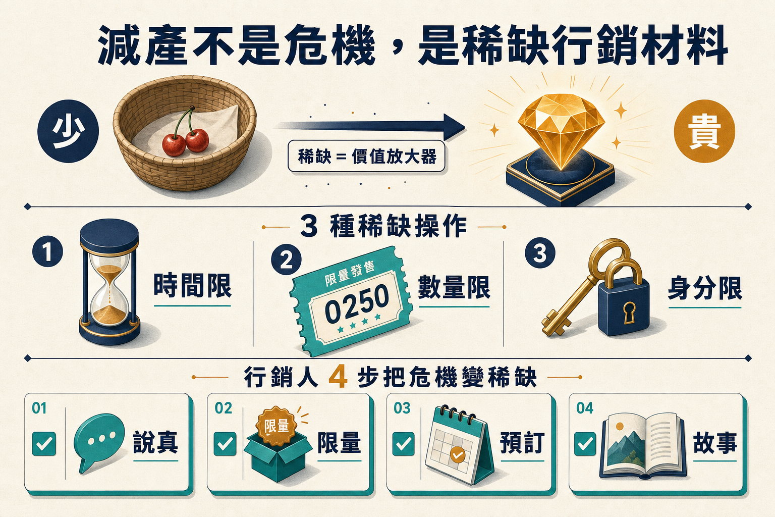資訊圖：加州櫻桃減產的稀缺行銷 — 減產 = 價值放大器、3 種稀缺操作（時間限/數量限/身分限）、行銷人 4 步驟（說真/限量/預訂/故事）