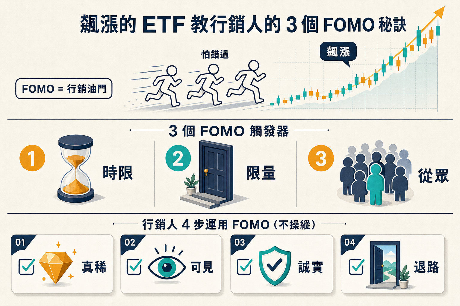 資訊圖：00403A 飆漲背後的 FOMO 心理學 — FOMO = 行銷油門、3 個 FOMO 觸發器（時限/限量/從眾）、行銷人 4 步運用 FOMO（真稀/可見/誠實/退路）