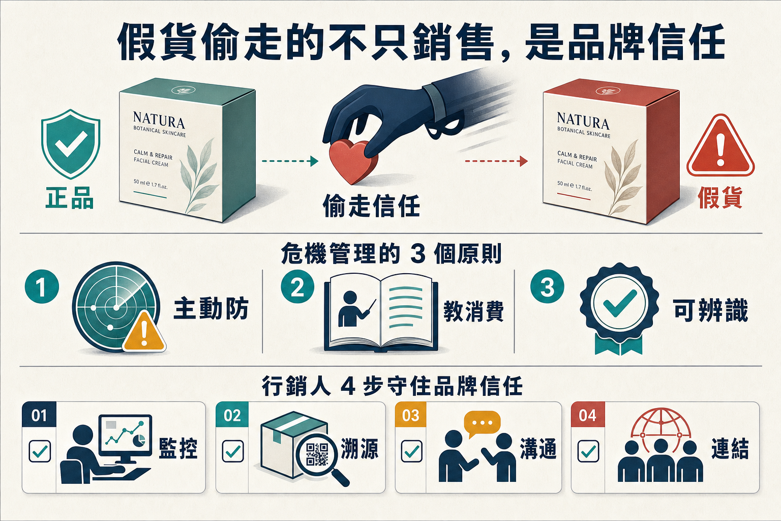 資訊圖：假貨橫行下的品牌信任危機管理 — 假貨偷走的不只銷售是品牌信任、危機管理 3 原則（主動防/教消費/可辨識）、行銷人 4 步驟（監控/溯源/溝通/連結）