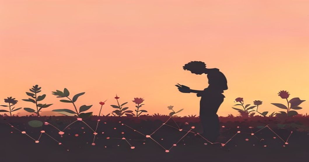 剪影園丁在夕陽下持續耕種花圃,前景有連點數據線,象徵長期主義 vs 短期恐慌的對比