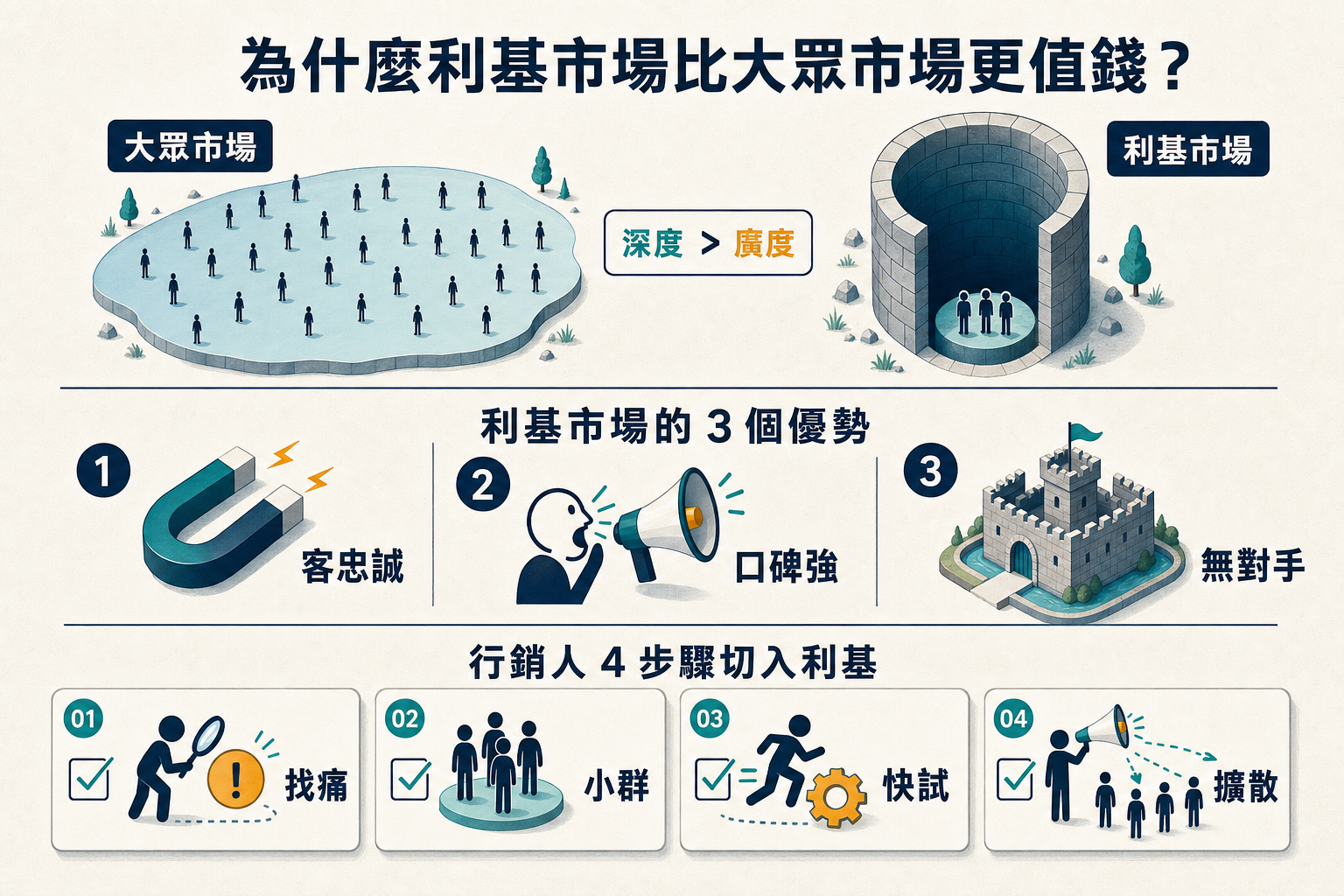資訊圖:Padel 利基市場啟示 — 大眾市場 vs 利基市場、利基 3 優勢(客忠誠/口碑強/無對手)、行銷人 4 步驟(找痛/小群/快試/擴散)