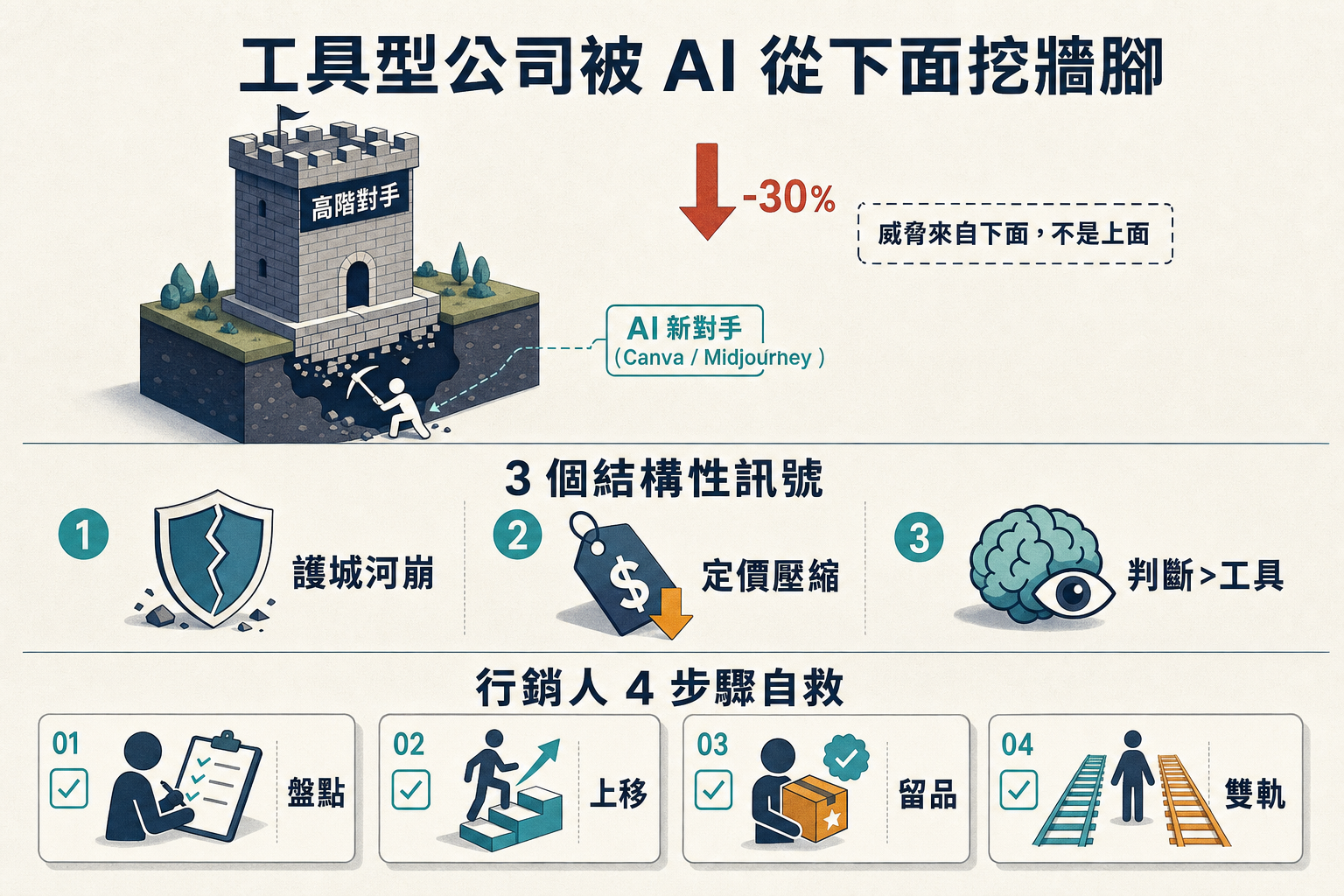 資訊圖:Adobe 1 年股價跌 30% 的 AI 衝擊訊號 — 從下面挖牆腳示意圖、3 個結構訊號(護城河崩/定價壓縮/判斷>工具)、行銷人 4 步驟自救(盤點/上移/留品/雙軌)