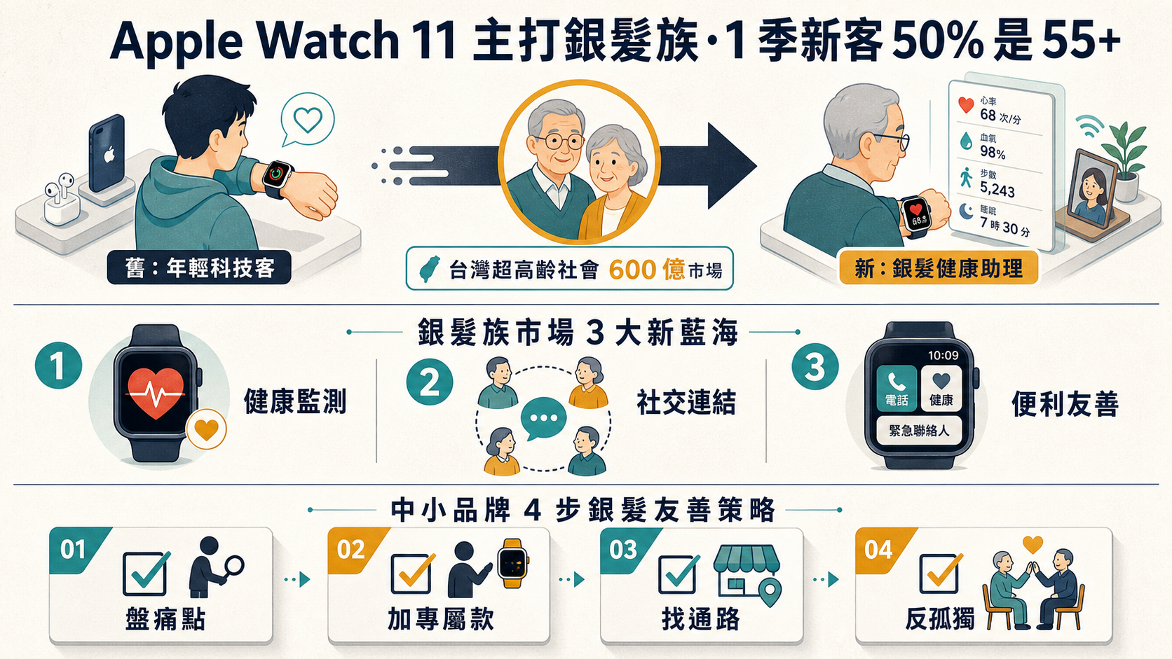 資訊圖:Apple Watch Series 11 銀髮族 1 季新客 50% — 老年市場 3 個新藍海、中小品牌 4 步應用策略