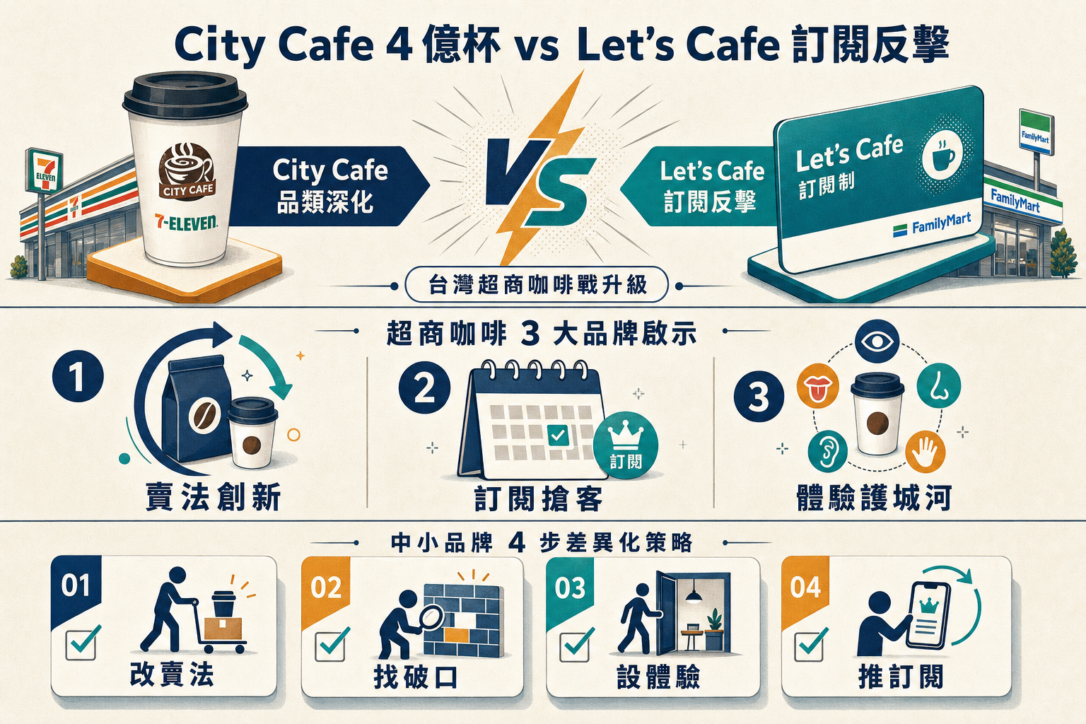資訊圖：City Cafe vs Let's Cafe 超商咖啡大戰升級 — 3 個品牌啟示、中小品牌 4 步差異化策略