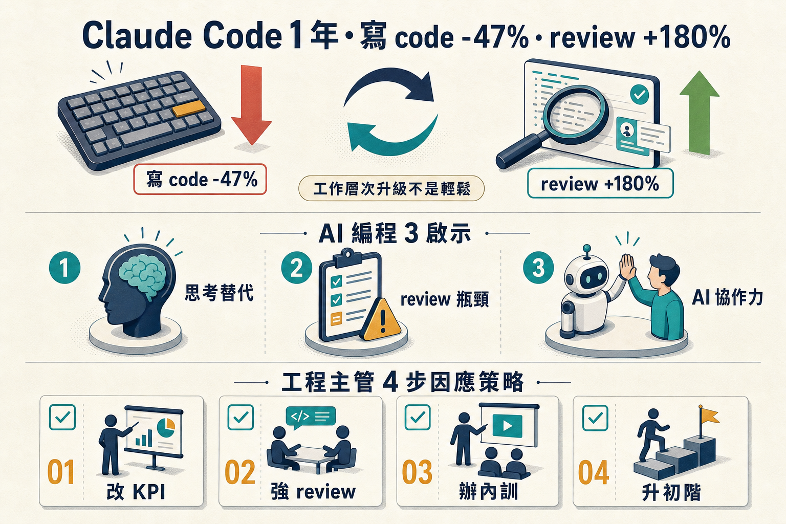 資訊圖：Claude Code 1 年數據 — 寫 code -47%、review +180%、開發者工作重分配啟示