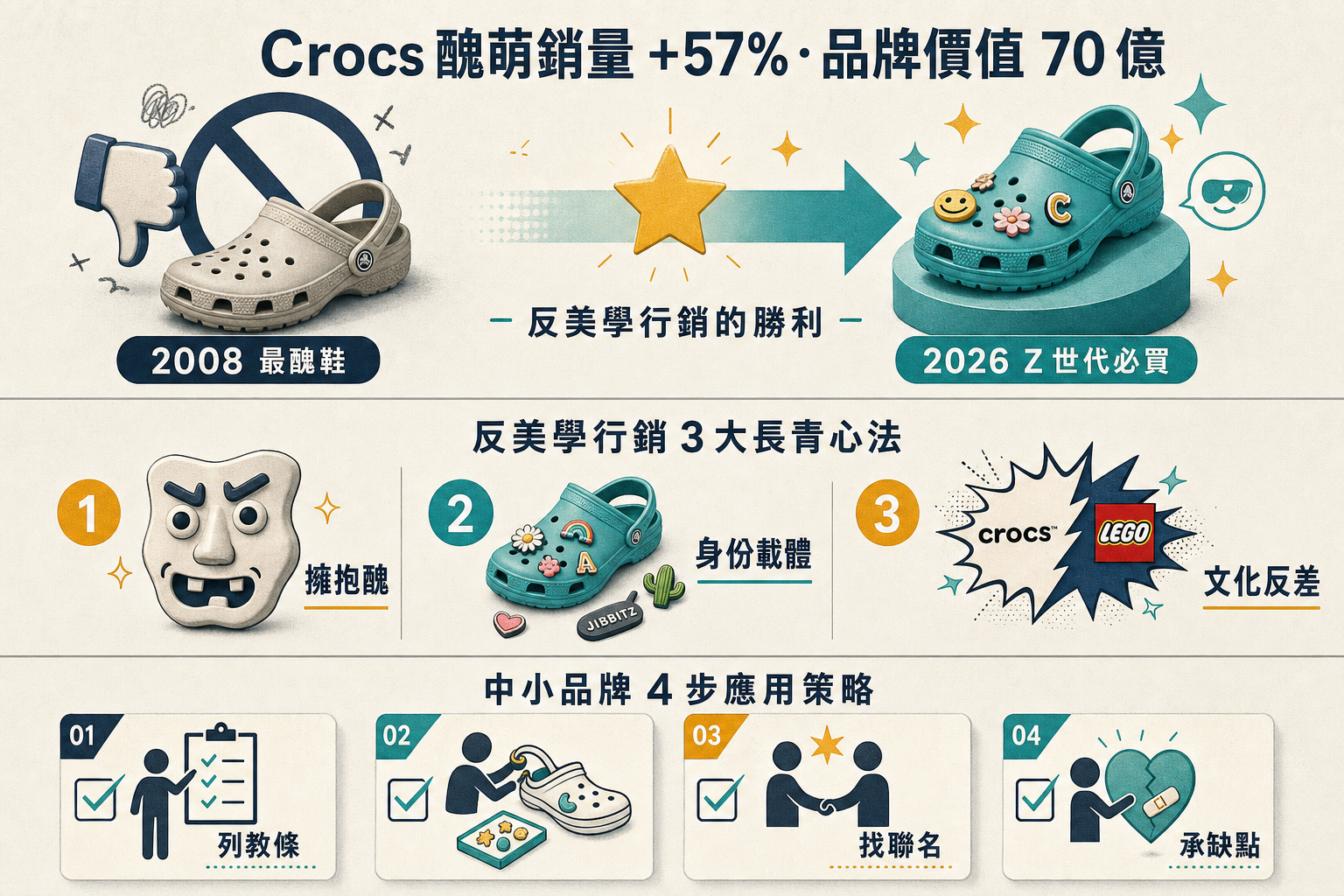 資訊圖：Crocs 醜萌策略銷量 +57% — 反美學行銷 3 大長青心法、中小品牌 4 步應用策略