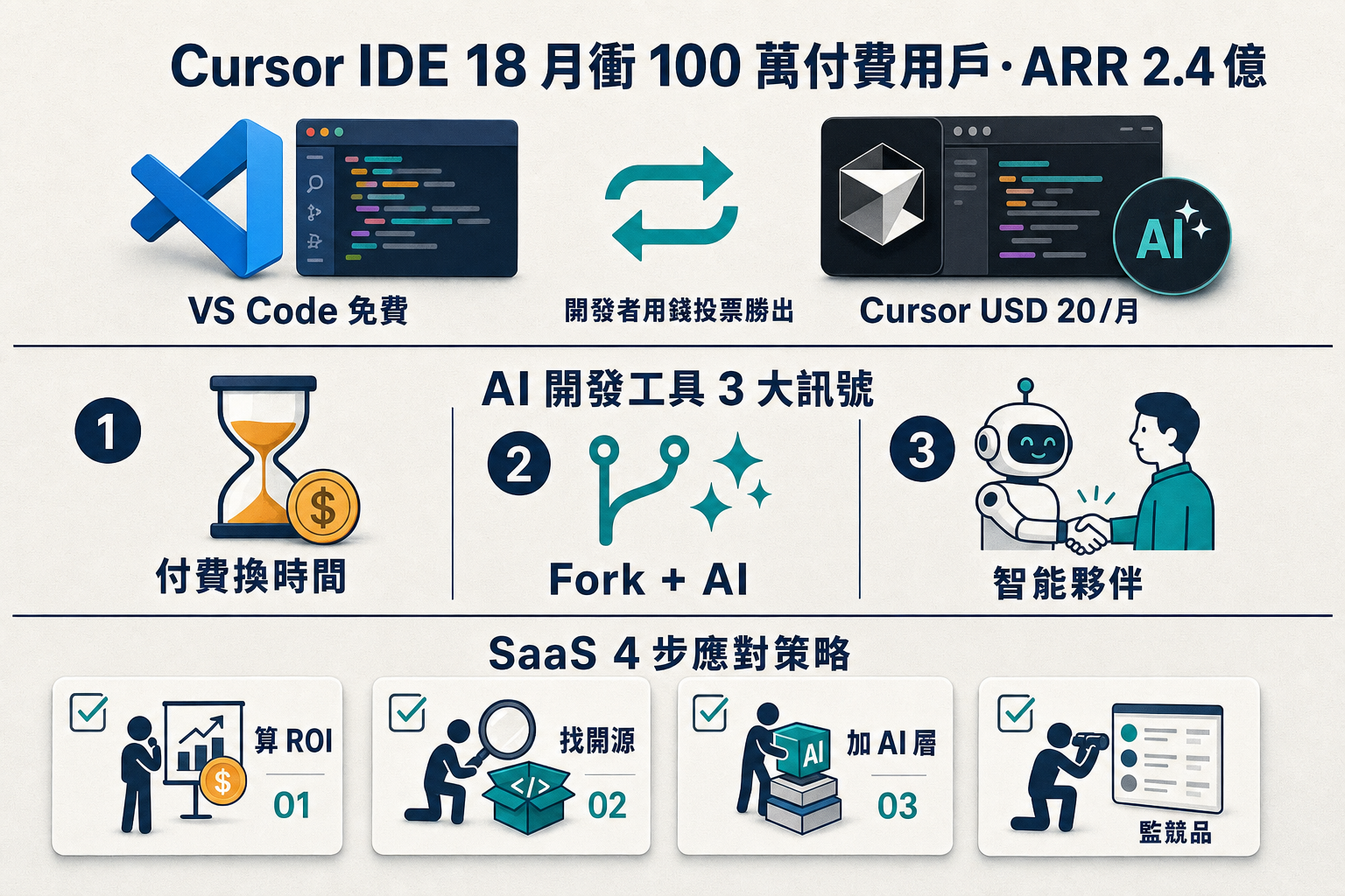 資訊圖：Cursor IDE 衝破 100 萬付費用戶 — AI 開發工具 SaaS 革命 3 訊號、SaaS 4 步應對策略