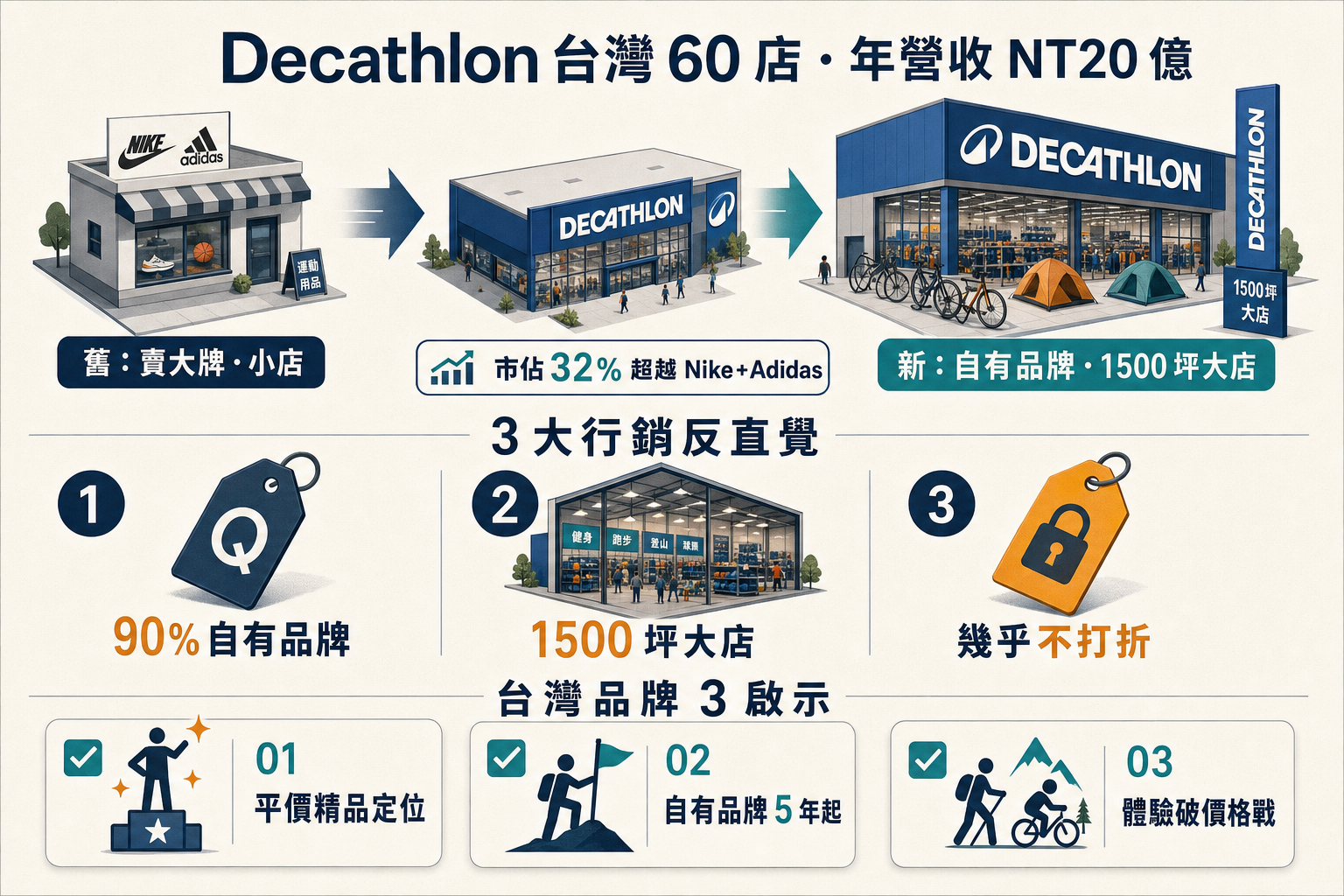 Decathlon 迪卡儂台灣 60 店 平價精品 3 大行銷反直覺資訊圖