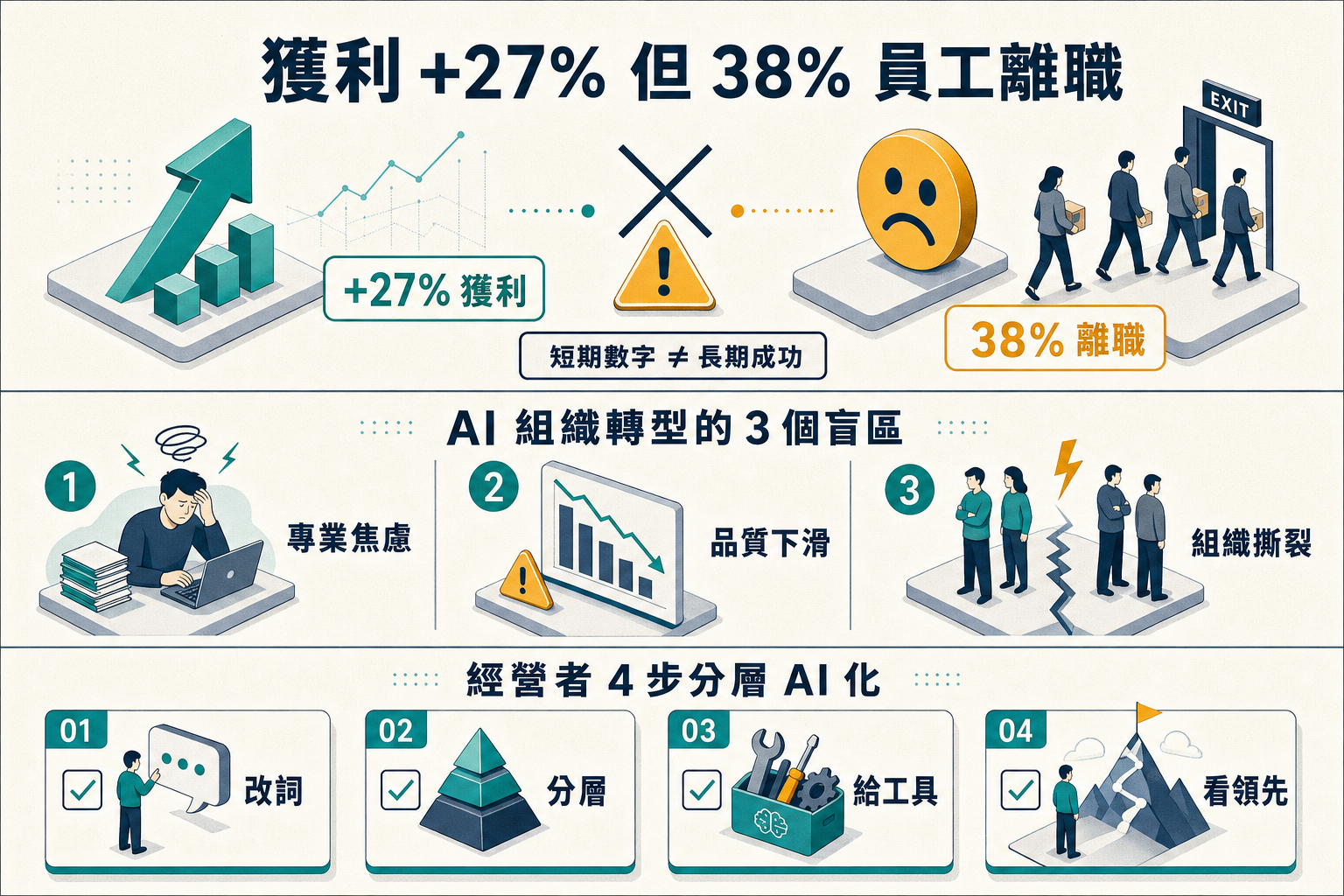資訊圖:Duolingo CEO AI-first 備忘錄 1 年後 — 38% 離職但獲利 +27%、AI 組織轉型 3 個盲區、經營者 4 步分層 AI 化