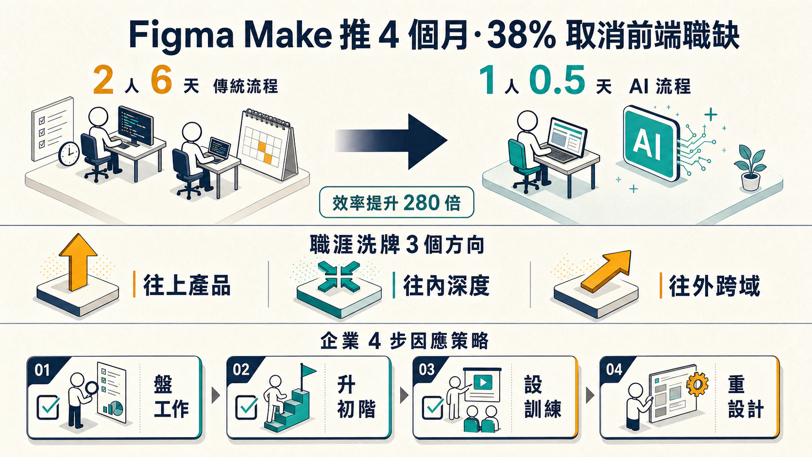 資訊圖:Figma Make 推 4 個月 38% 取消前端職缺 — 職涯洗牌 3 方向、企業 4 步因應策略