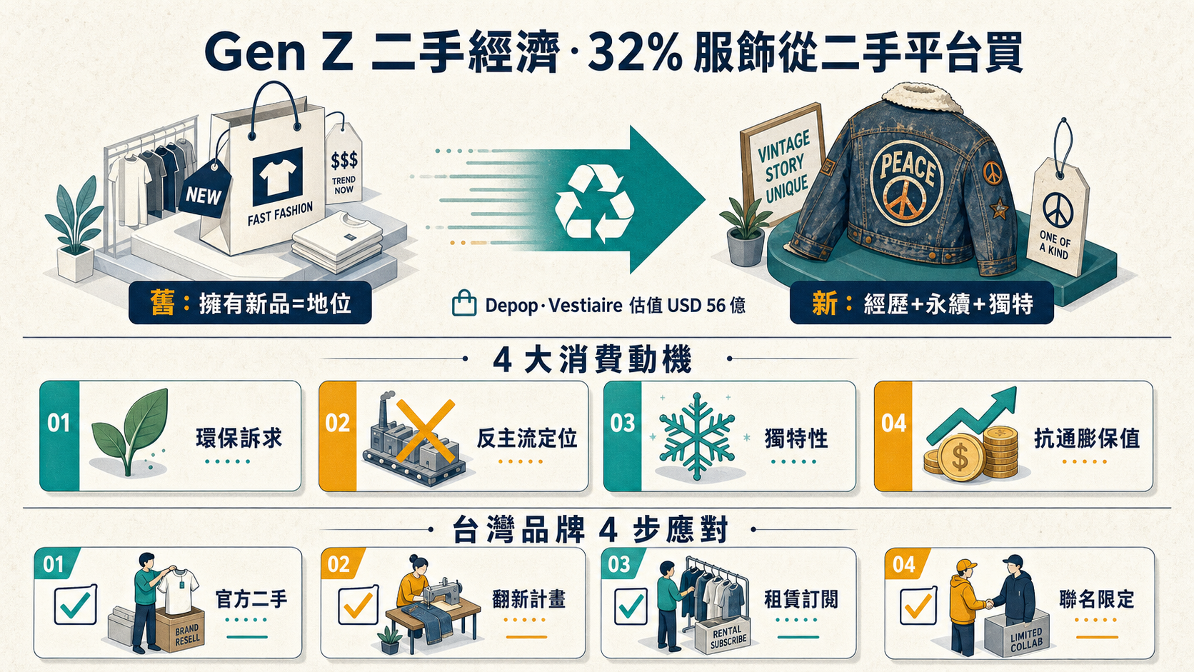 Gen Z 二手經濟 Depop Vestiaire 反消費邏輯資訊圖