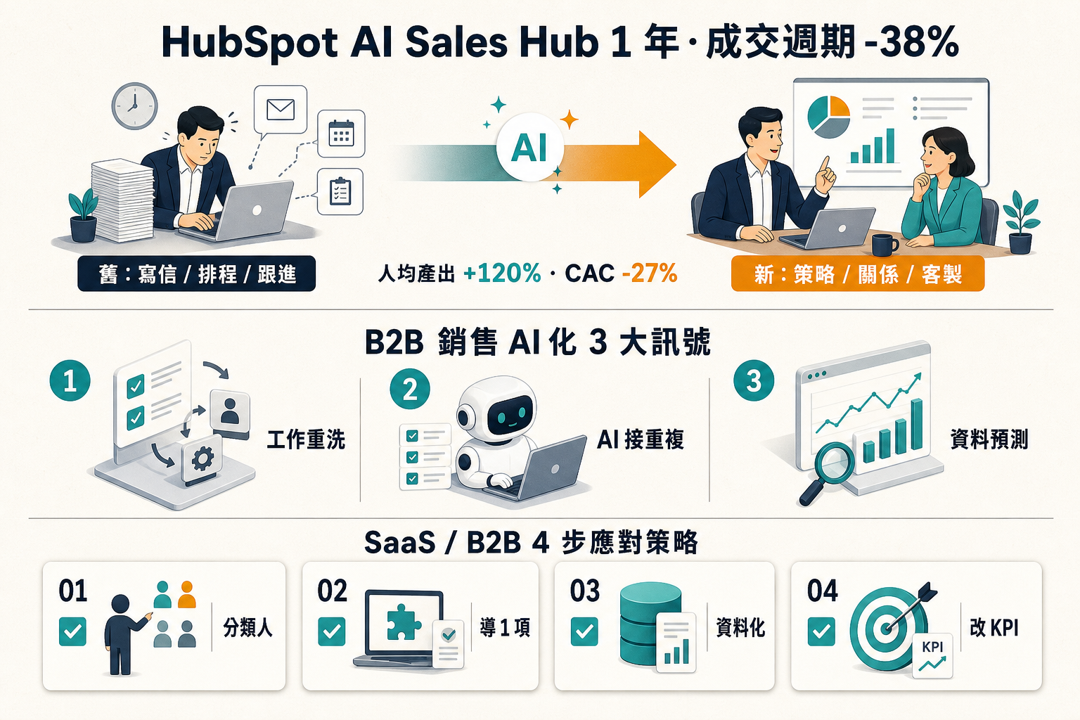 資訊圖：HubSpot AI Sales Hub 1 年數據 — B2B 銷售 AI 化 3 訊號、SaaS / B2B 4 步應對策略