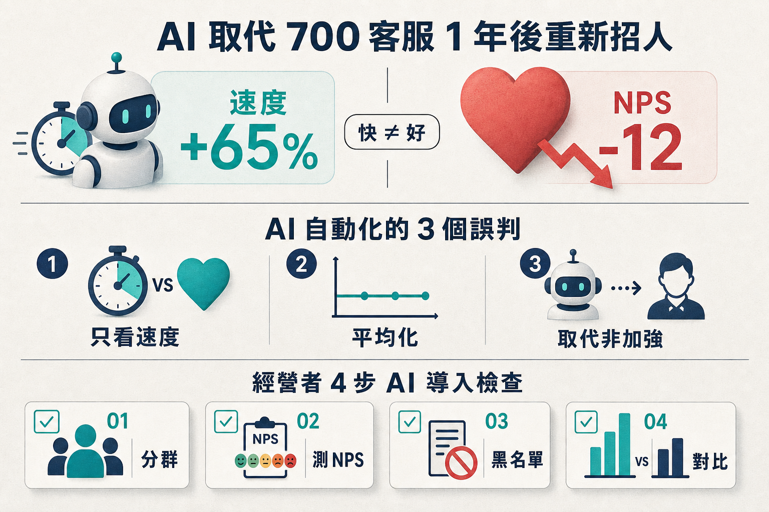 資訊圖：Klarna AI 客服 1 年後重新招人的 3 個誤判 — 速度快 65% 但 NPS 跌 12、AI 取代與 AI 加成的差別、3 個結構性誤判、經營者 4 步檢查