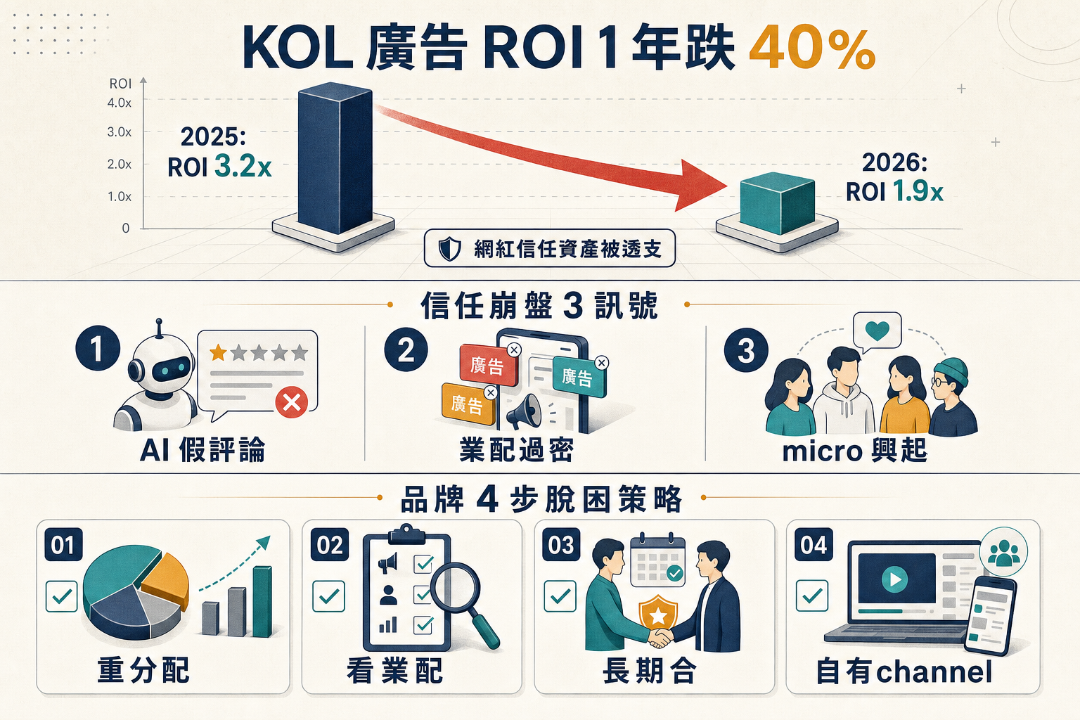 資訊圖：KOL 廣告 ROI 1 年跌 40% — 信任崩盤 3 訊號、品牌 4 步脫困策略