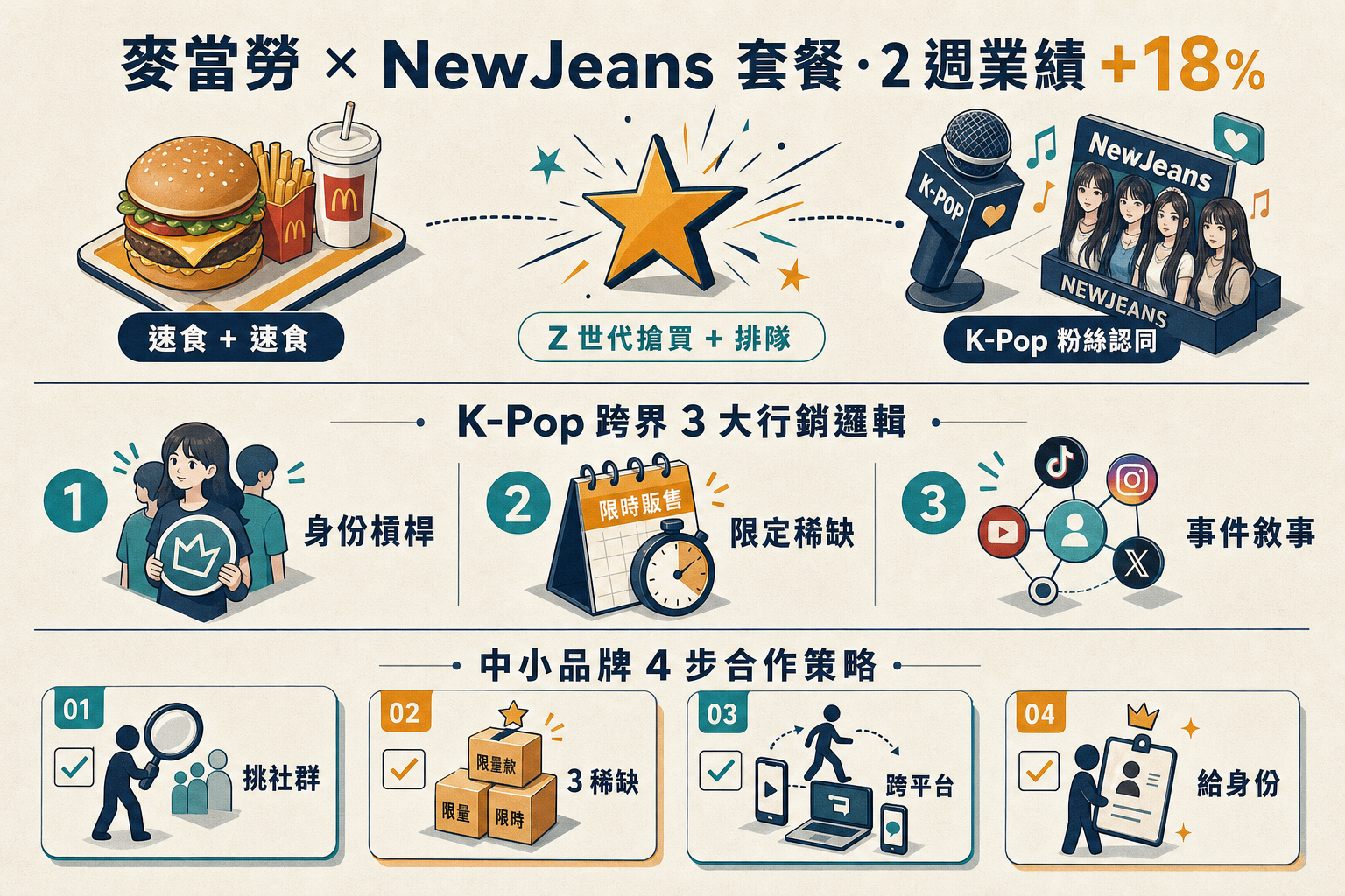 資訊圖：麥當勞 × NewJeans 套餐熱賣 — K-Pop 跨界 Z 世代 3 大行銷邏輯、品牌 4 步合作策略