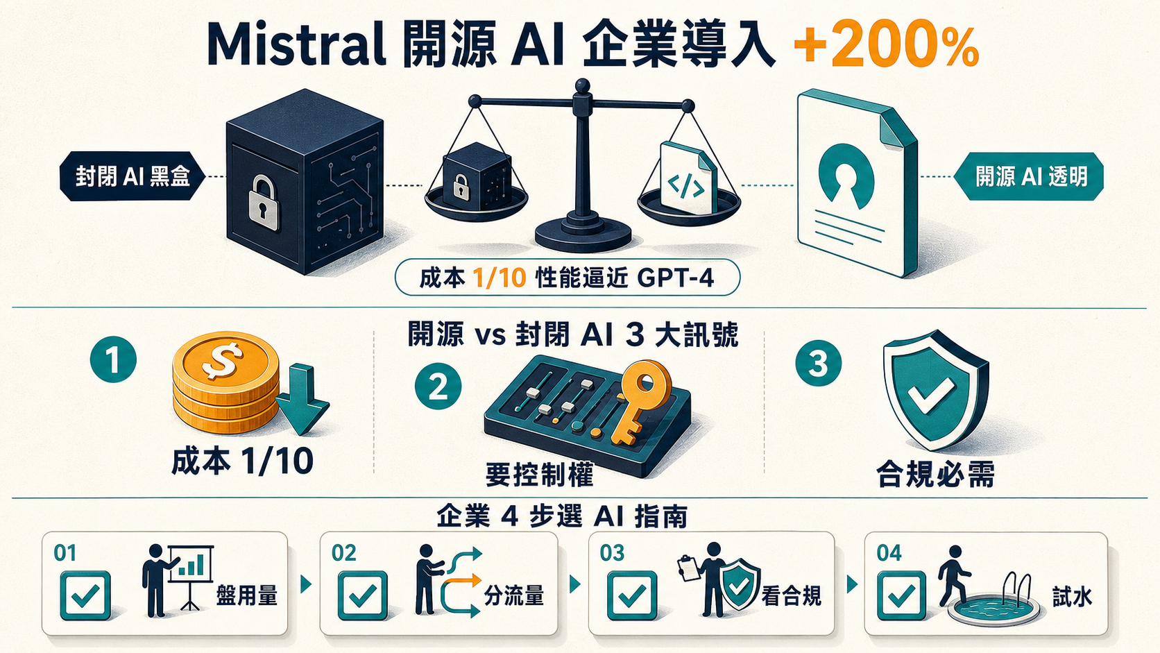 資訊圖：Mistral 開源 AI 企業導入 +200% — 開源 vs 封閉 3 大訊號、企業 4 步選擇指南