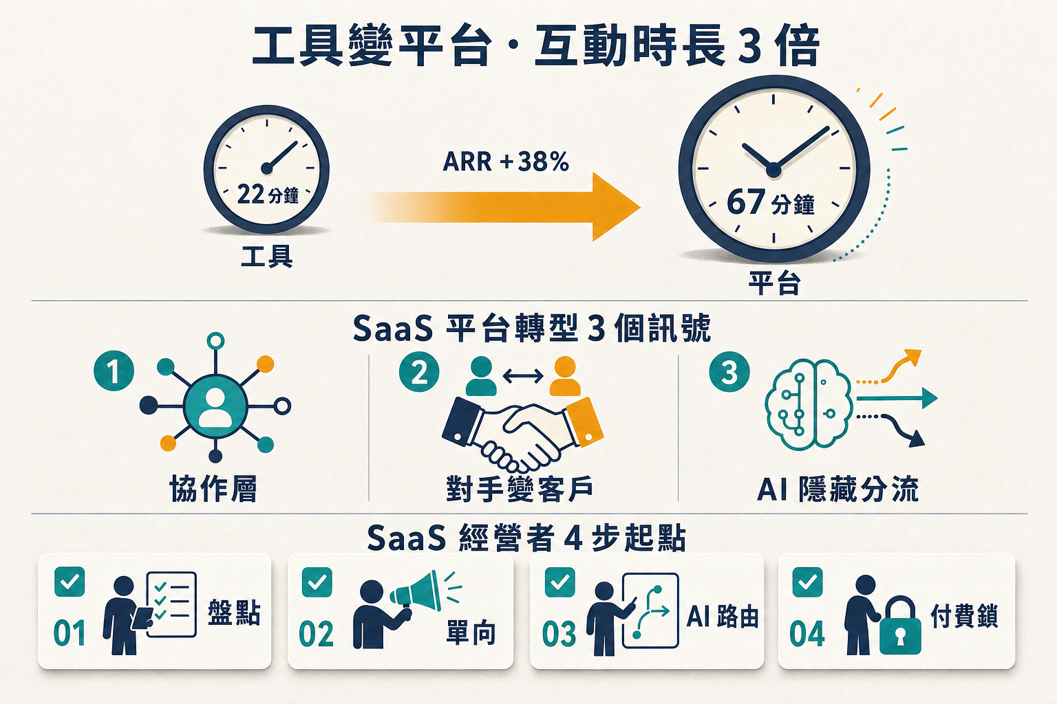 資訊圖:Notion AI Connectors 工具變平台 — 互動時長 22→67 分鐘、ARR 成長 38%、SaaS 平台轉型 3 個訊號、經營者 4 步起點
