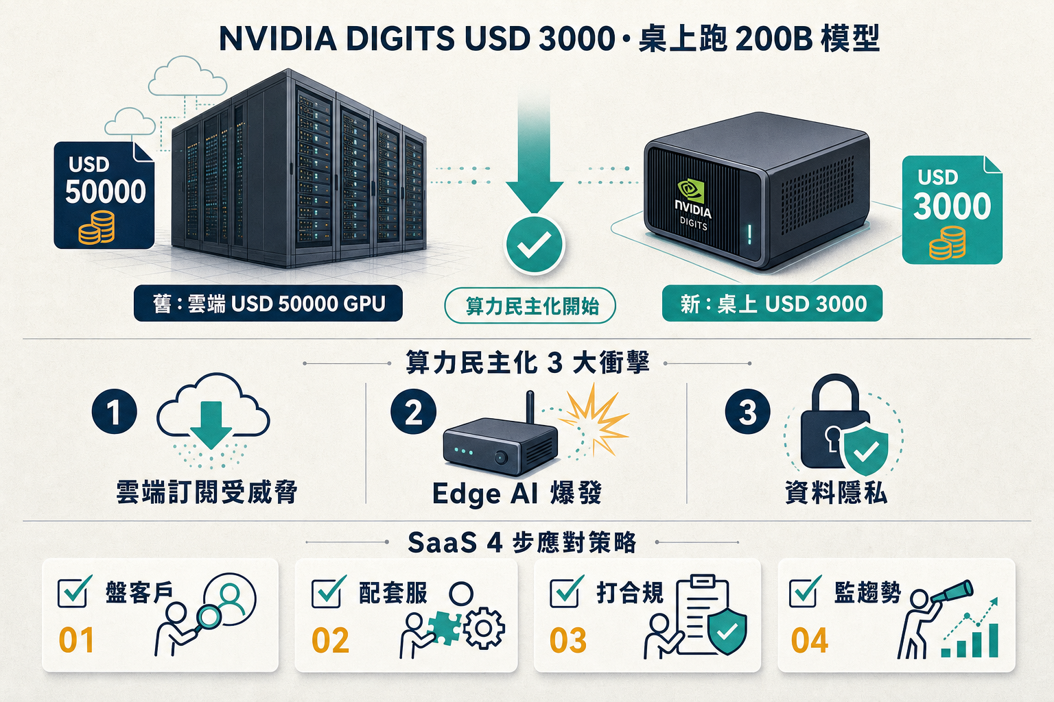 資訊圖：NVIDIA Project DIGITS USD 3000 桌上 AI 超算 — 算力民主化 3 大衝擊、SaaS 4 步應對策略