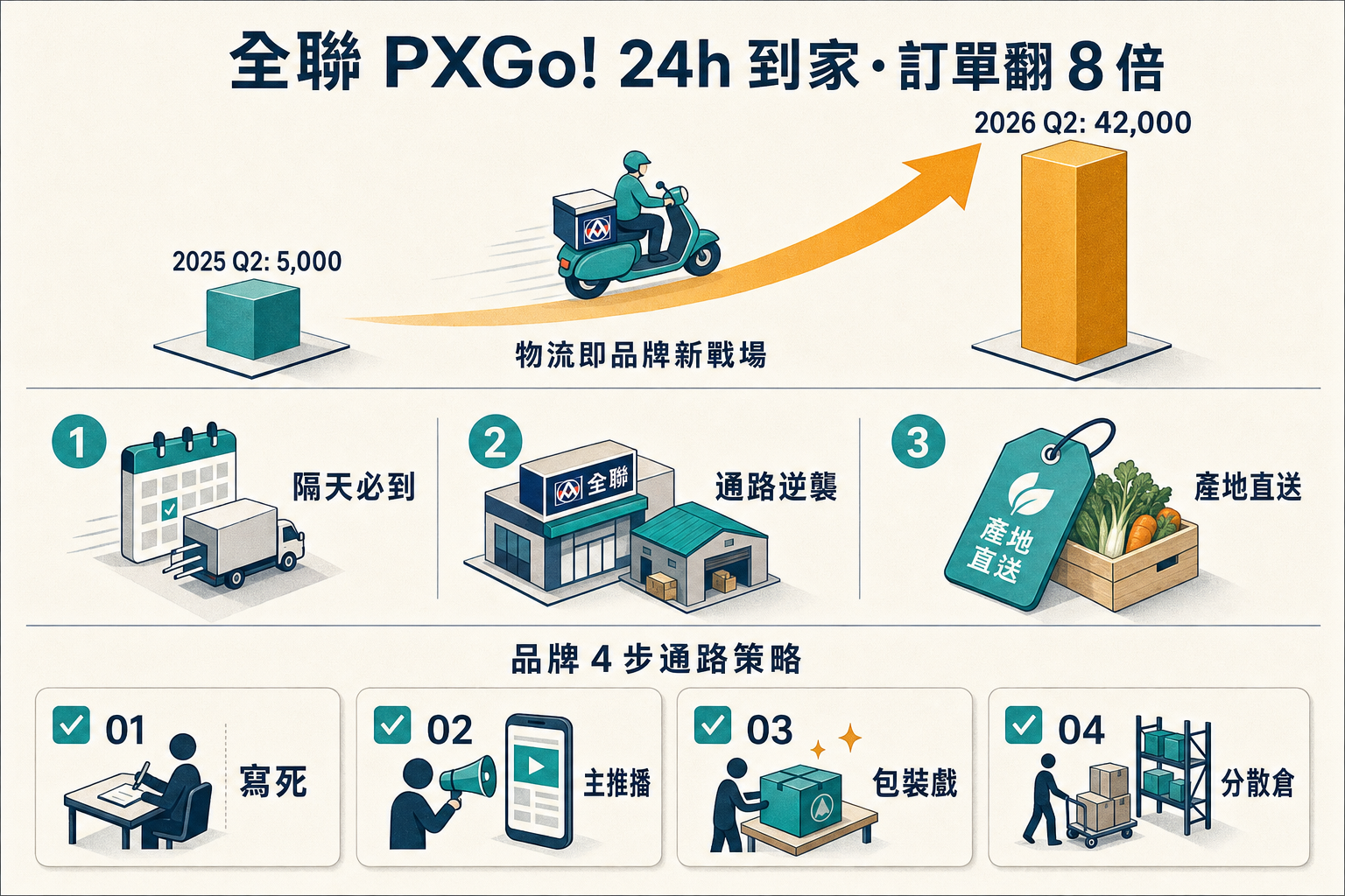 資訊圖：全聯 PXGo! 24h 到家覆蓋 4 縣市 — 物流即品牌 3 訊號、台灣品牌 4 步通路策略