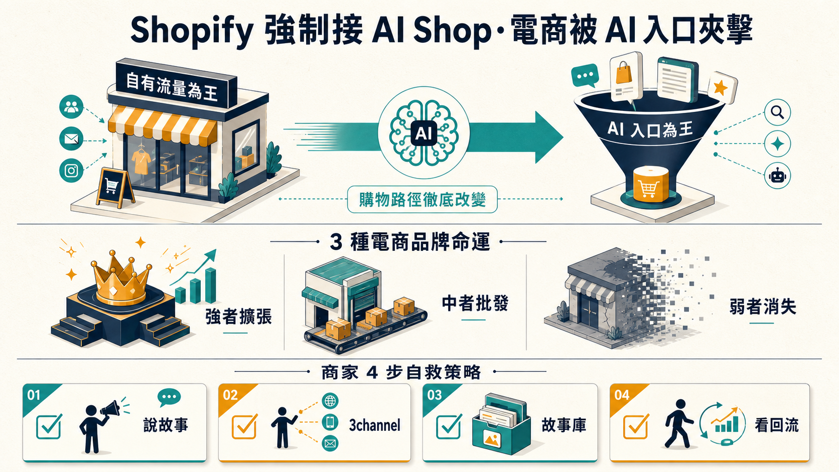 資訊圖:Shopify 強制接 AI Shop App — 電商 3 種未來、品牌商家 4 步自救策略