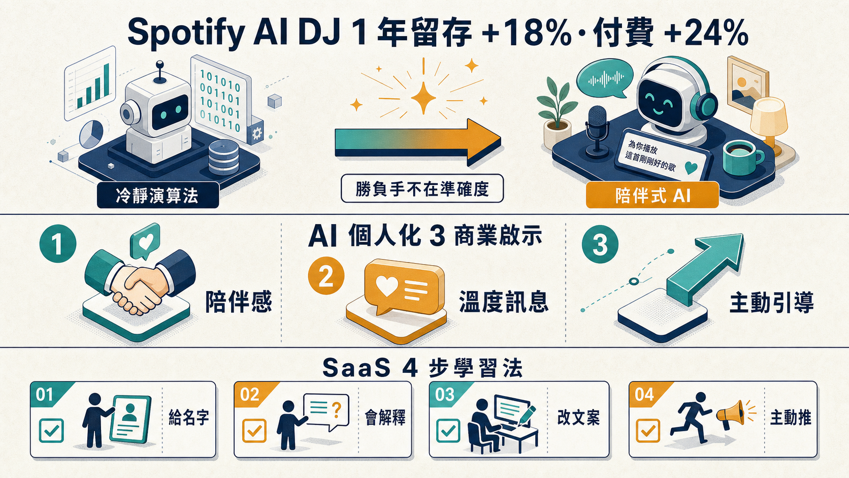 資訊圖:Spotify AI DJ 1 年留存 +18% — AI 個人化 3 商業啟示、SaaS 4 步學習法