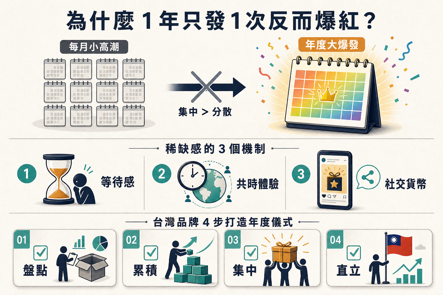 資訊圖:Spotify Wrapped 行銷高潮稀缺定律 — 1+12 vs 12+1 對比、稀缺感 3 個機制(等待感/共時體驗/社交貨幣)、台灣品牌 4 步打造年度儀式感