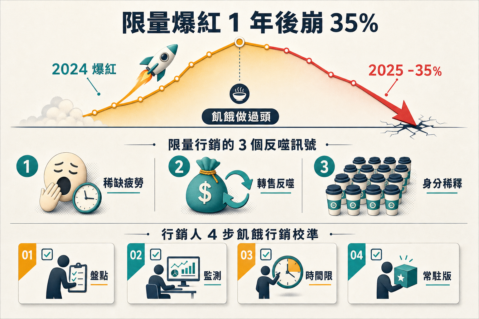 資訊圖:Stanley Tumbler 限量行銷反噬的 3 個訊號 — 銷量崩 35% 曲線、稀缺疲勞/轉售反噬/身分稀釋、行銷人 4 步飢餓行銷校準