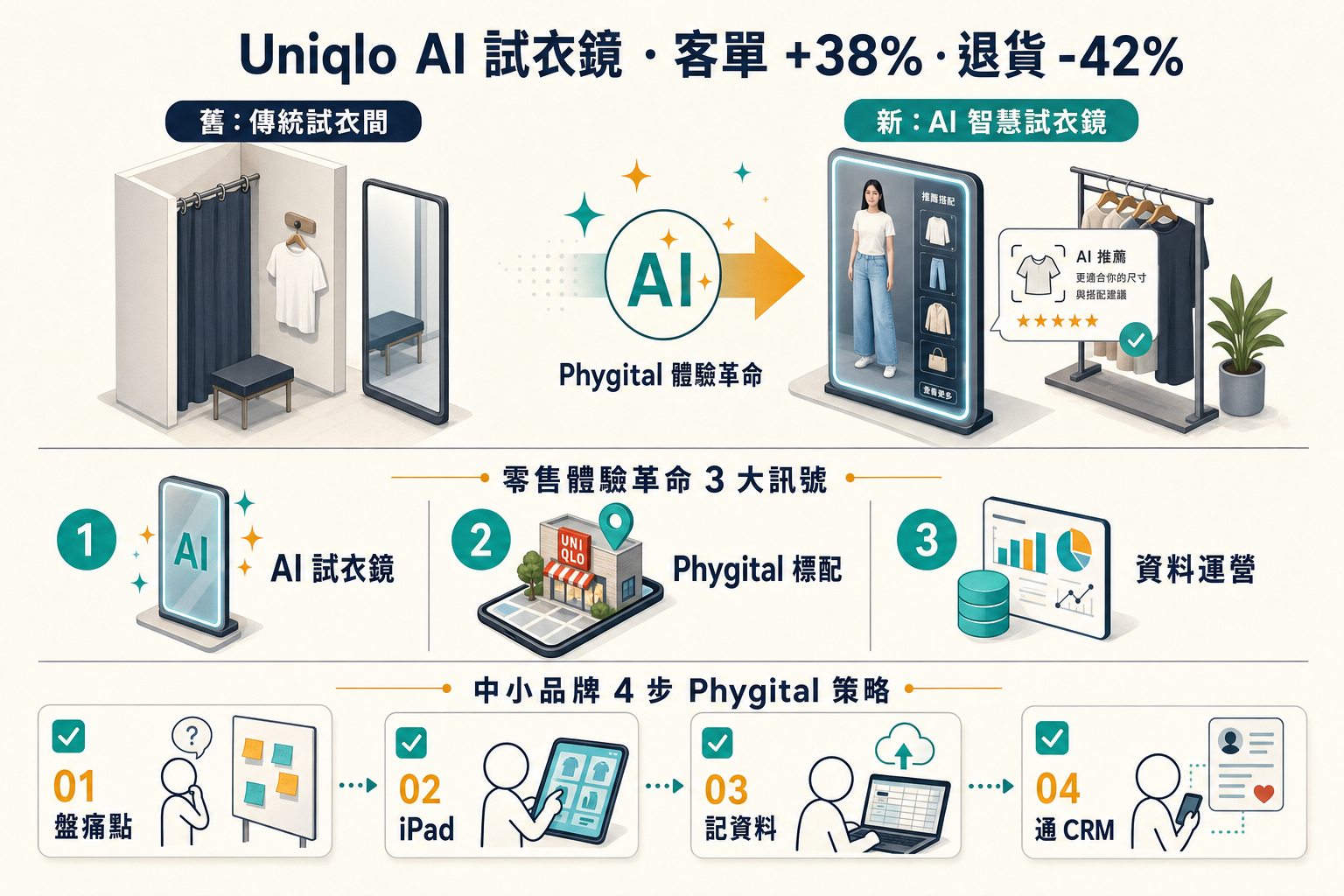 資訊圖：Uniqlo AI 試衣鏡 1 年 客單價 +38% 退貨 -42% — 零售體驗 3 訊號、中小品牌 4 步 Phygital 策略