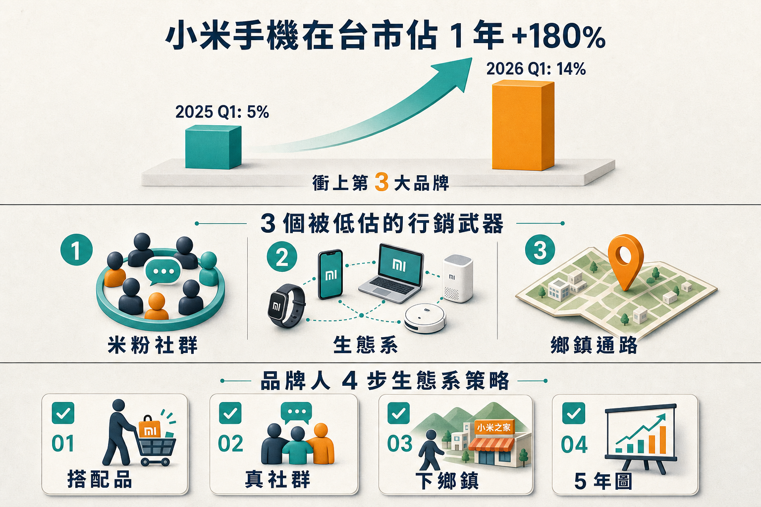 資訊圖：小米手機在台市佔 +180% — 性價比之外、3 個被低估行銷武器、品牌人 4 步生態系策略