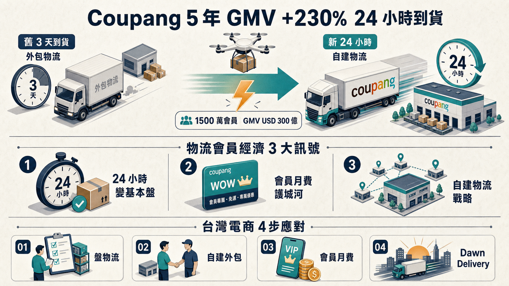 Coupang 韓國電商 5 年 GMV +230% 24 小時到貨 3 訊號資訊圖