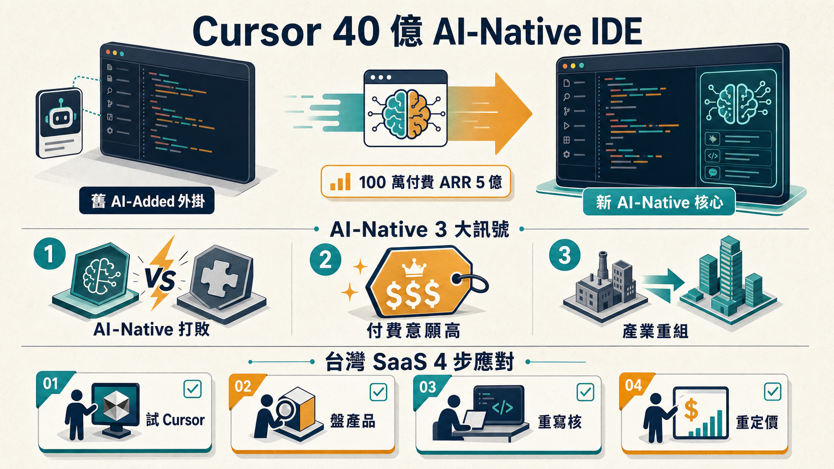 Cursor 40 億估值 AI-Native 開發工具 3 訊號資訊圖