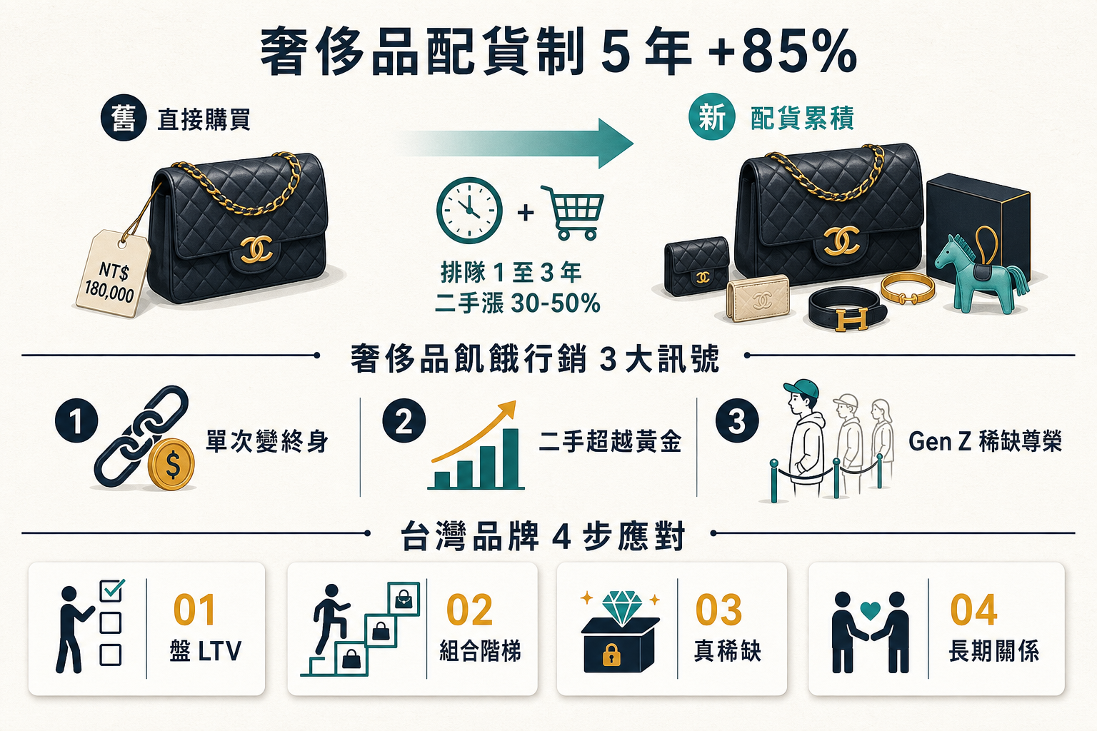 愛馬仕配貨制 5 年 +85% 奢侈品飢餓行銷 3 訊號資訊圖