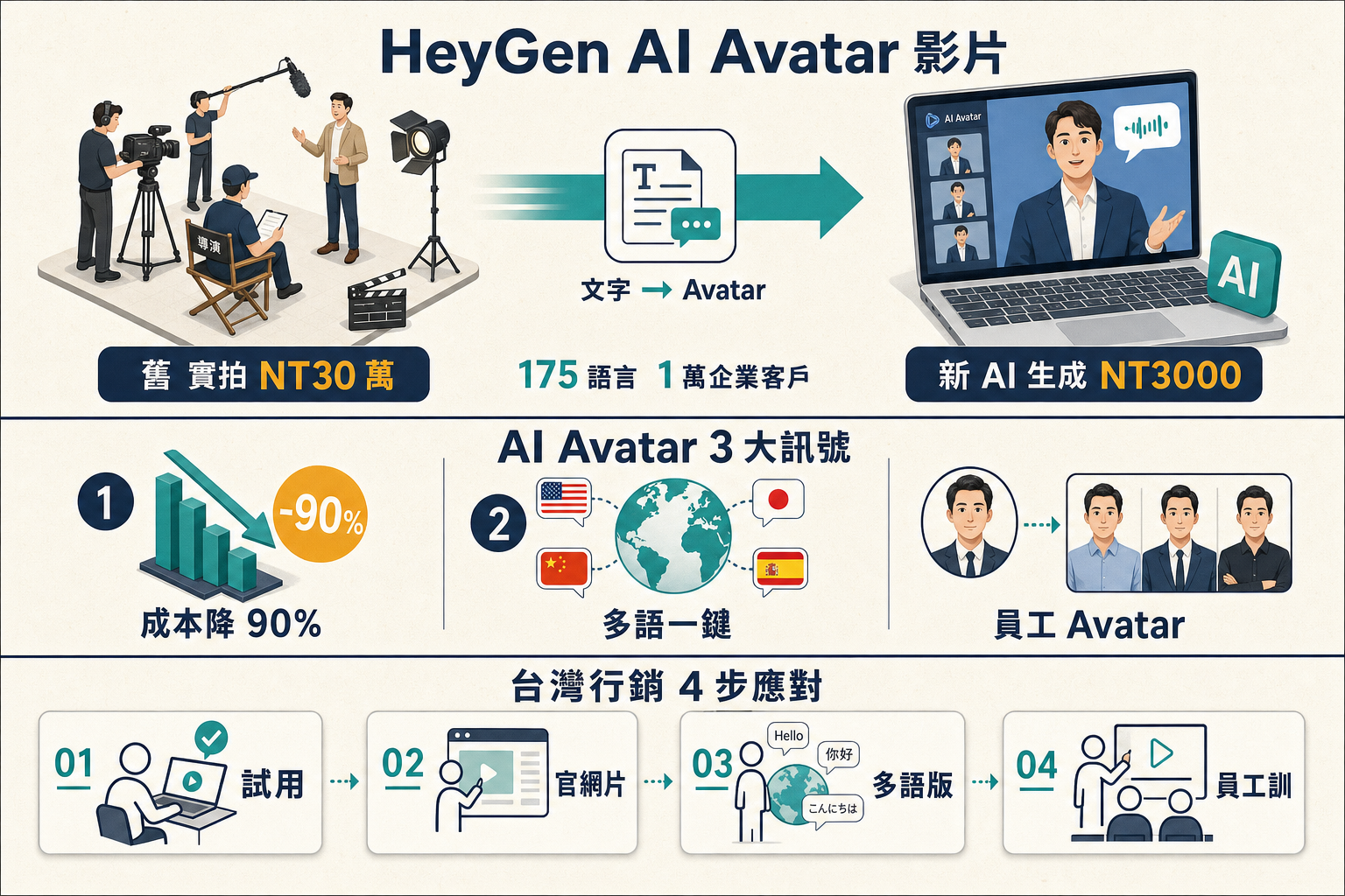 HeyGen 1 萬企業客戶 AI Avatar 品牌影片 3 訊號資訊圖