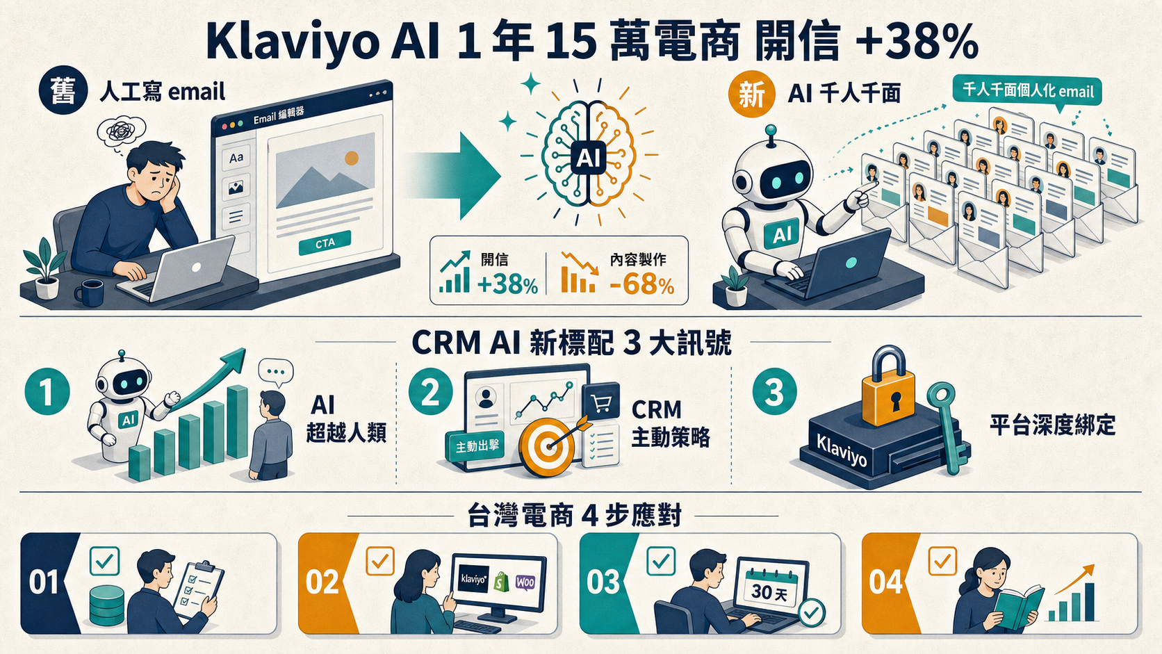 Klaviyo AI Marketing 1 年 15 萬電商 CRM AI 新標配 3 訊號資訊圖