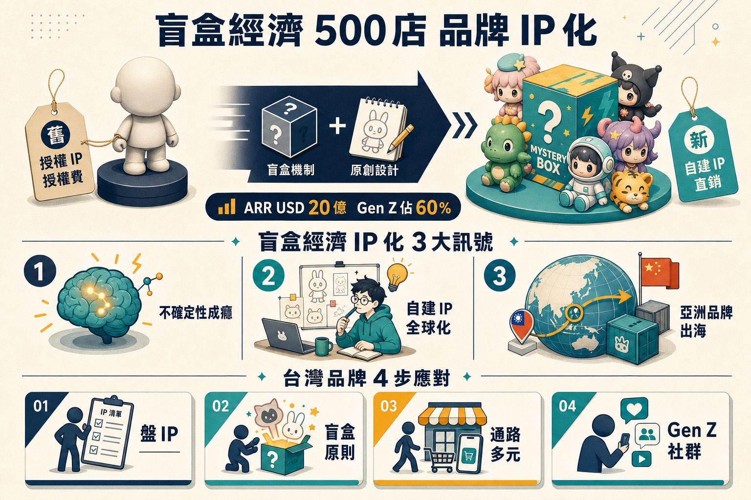 Pop Mart 全球 500 店 盲盒經濟品牌 IP 化 3 訊號資訊圖