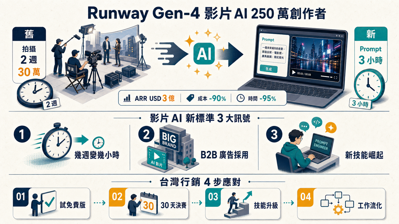 Runway ML Gen-4 影片 AI 1 年 250 萬創作者 3 訊號資訊圖