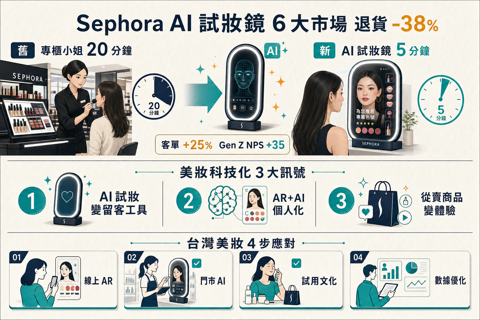 Sephora AI 試妝鏡 6 大市場 退貨 -38% 美妝科技化 3 訊號資訊圖