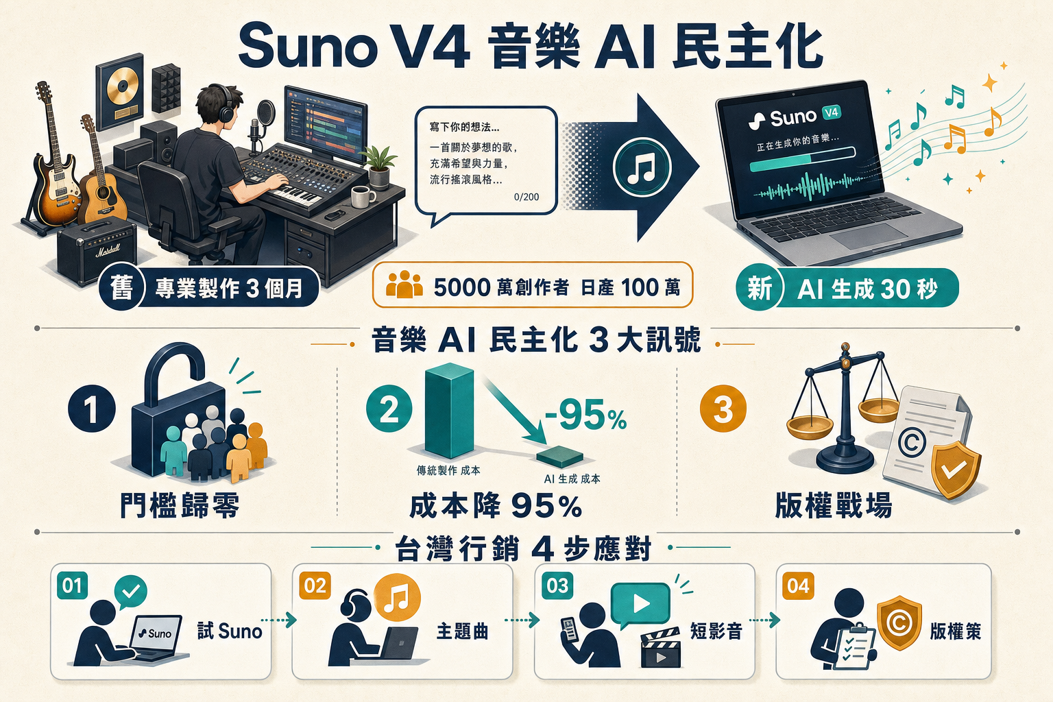 Suno V4 5000 萬創作者 音樂 AI 民主化 3 訊號資訊圖