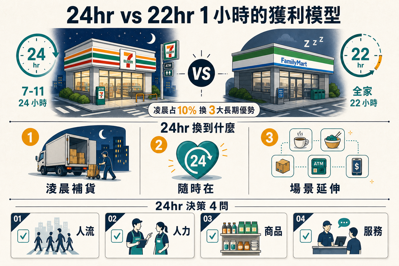【行銷觀點】7-11 24hr vs 全家部分 22hr｜便利商店 1 小時差的獲利模型 5 問