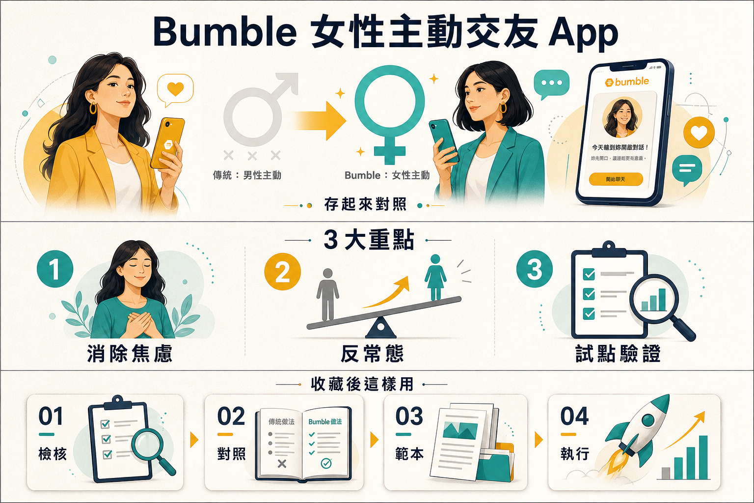 Bumble 15 年 女性主動 檢核 + 矩陣