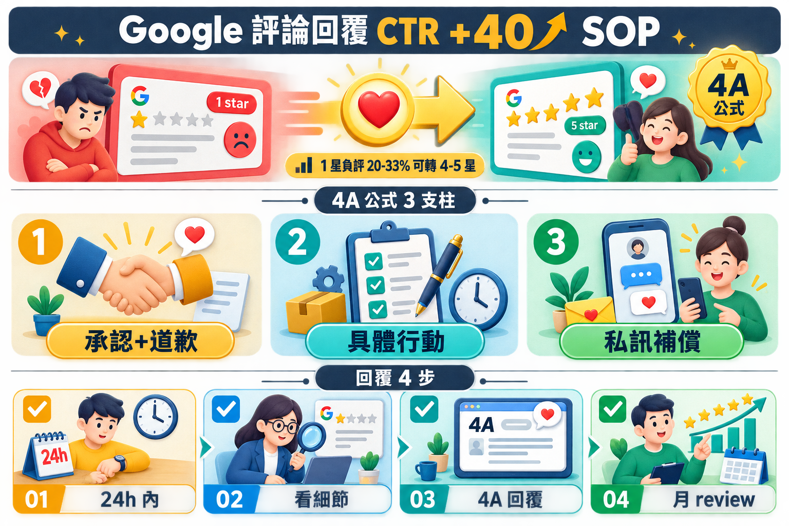 【行銷觀點】Google 商家評論回覆 SOP|5 星/3 星/1 星範本 + 4A 公式 + 常見 3 錯誤