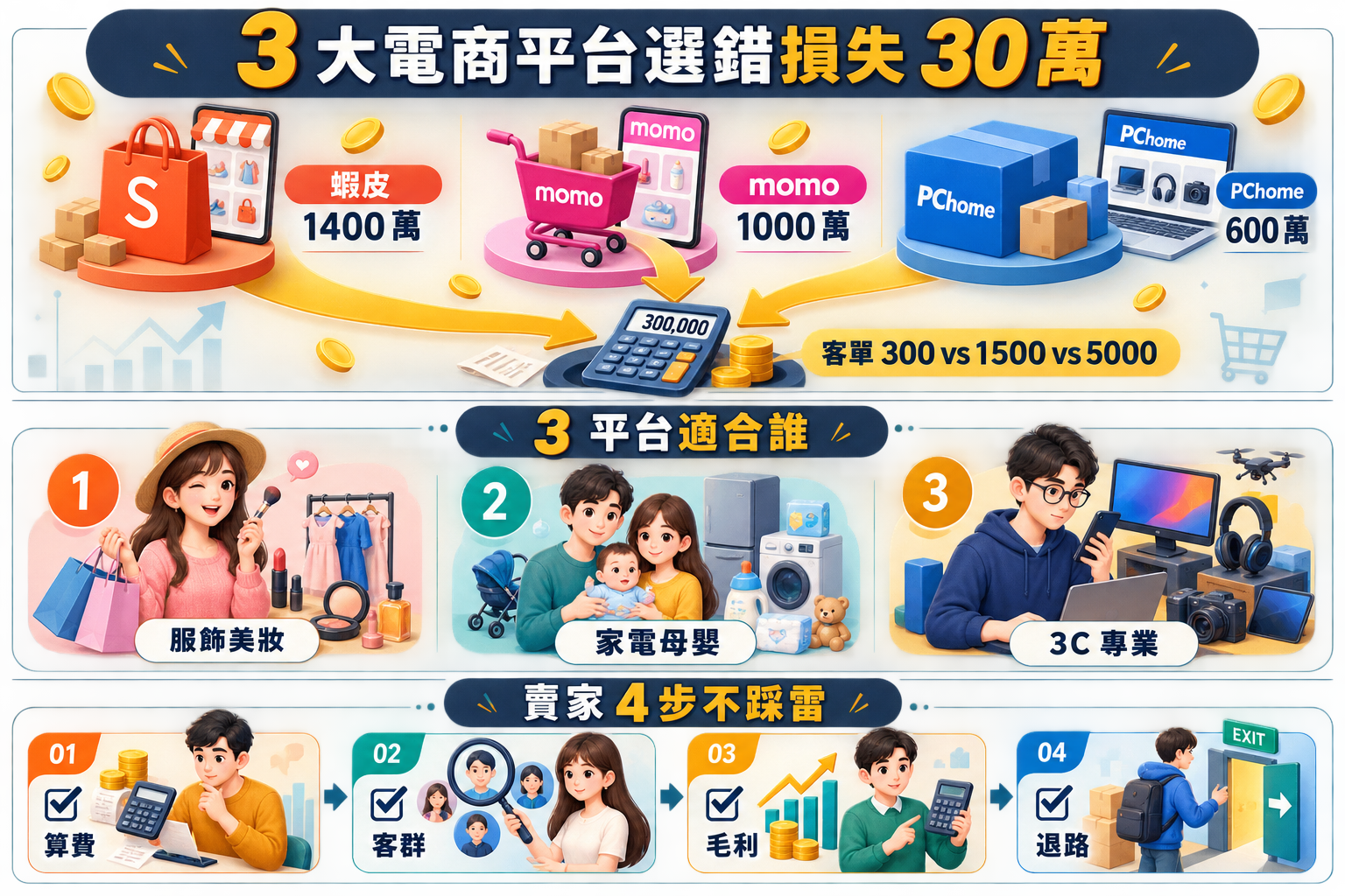 【行銷觀點】蝦皮 vs momo vs PChome 2026 台灣 3 大電商平台比較|賣家選型 5 問