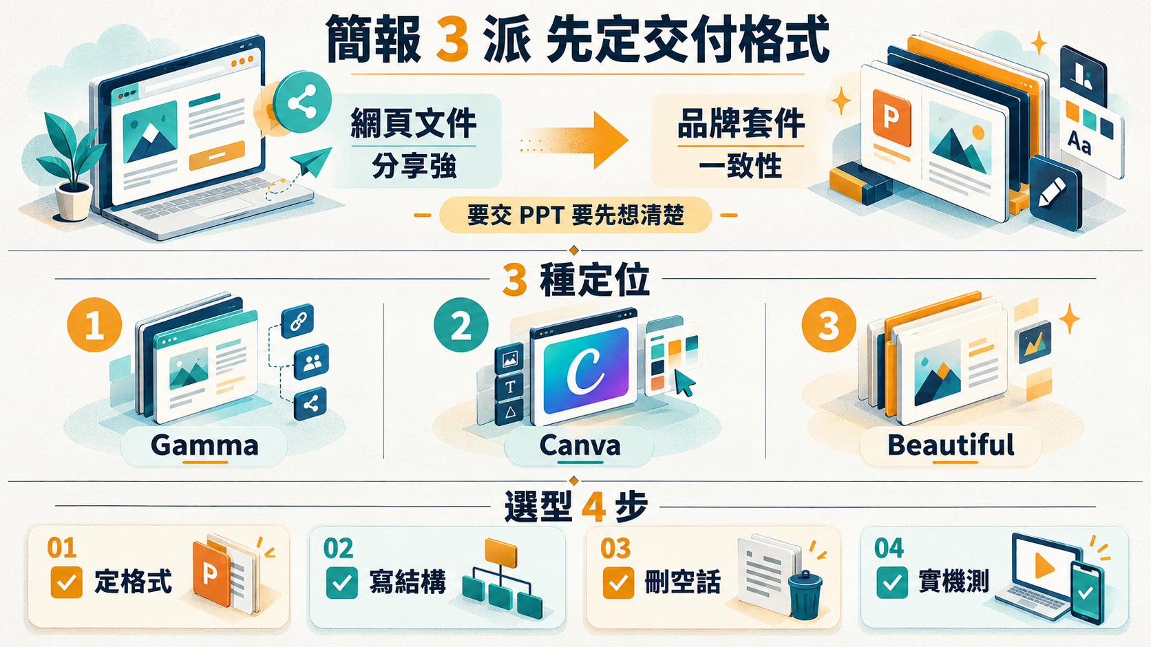 Gamma vs Canva AI vs Beautiful.ai 簡報工具 3 派｜提案族選型 5 問