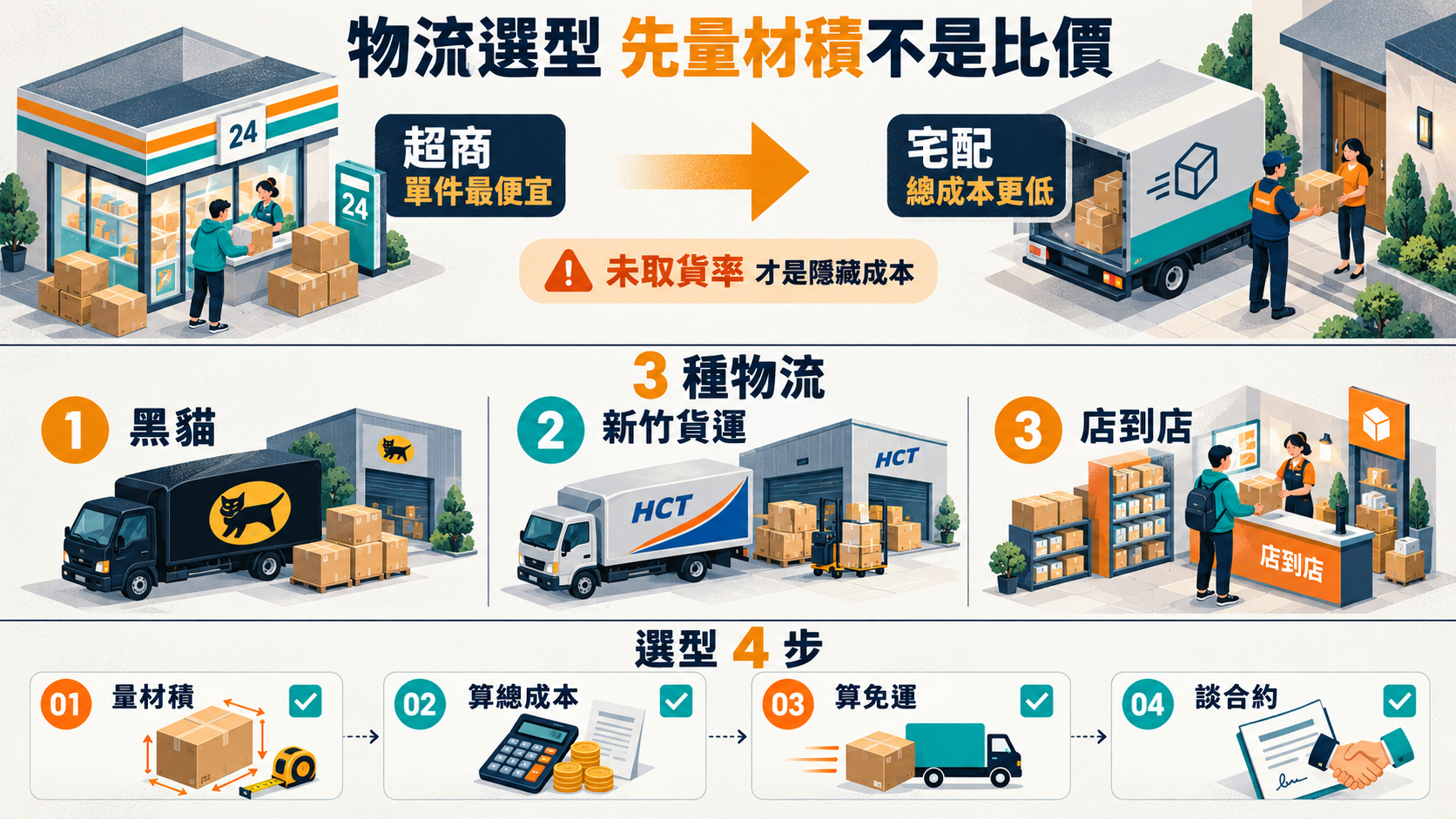 黑貓 vs 新竹貨運 vs 超商店到店｜電商物流選型 5 問 + 成本試算