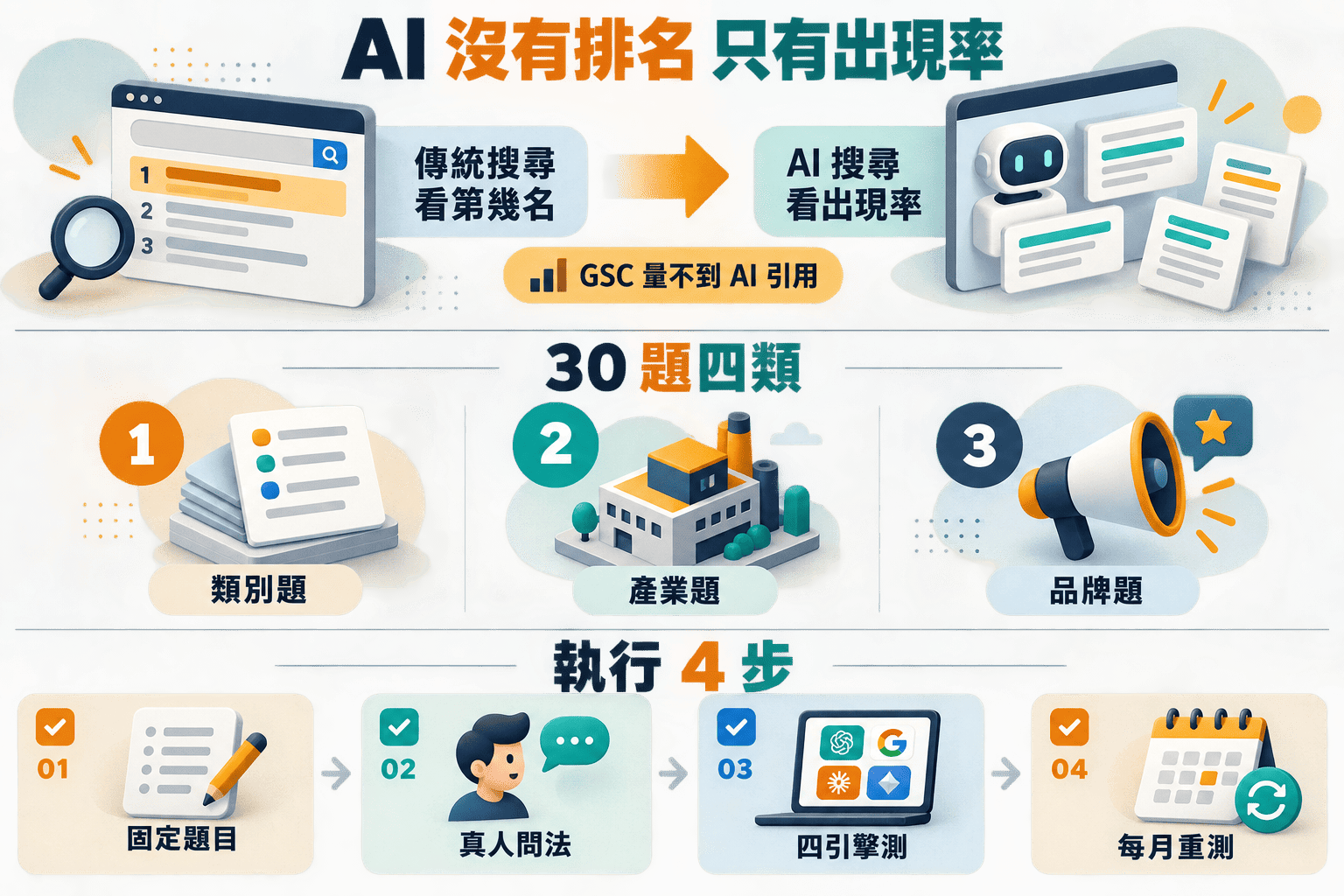 【商業案例】AI 能見度怎麼測|30 題基準法 + 4 個引擎對照 + 常見 3 錯誤