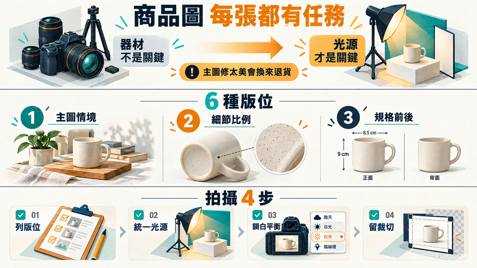 【行銷觀點】電商商品攝影 SOP｜手機就能拍的 6 種版位 + 常見 3 錯誤